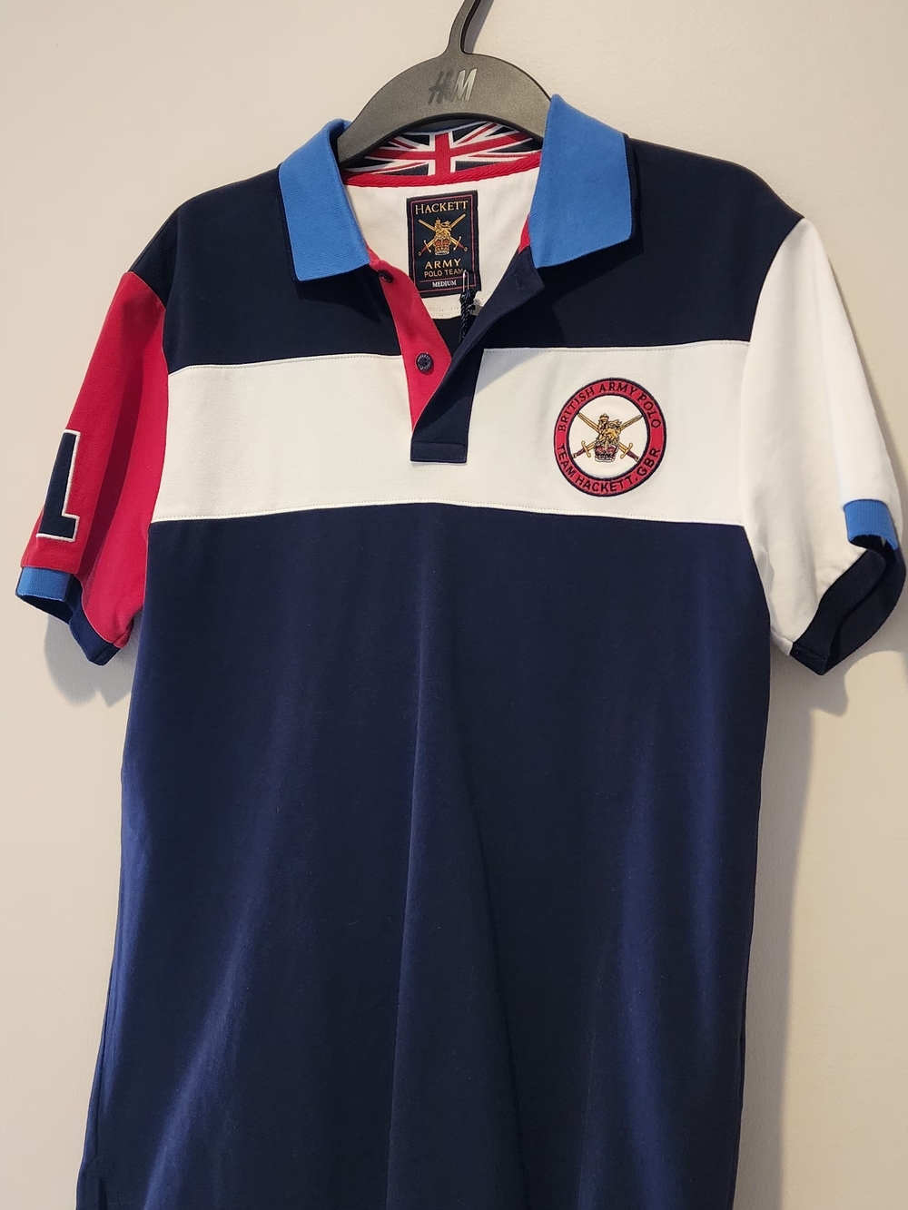 Hackett Navy, White & Red Rugby Stripe Slim Fit Polo with Sky Blue Collar